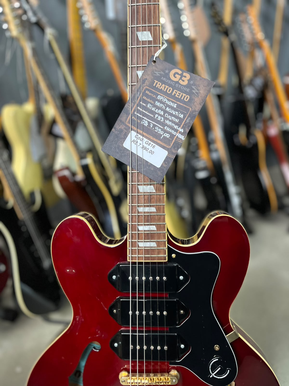 Epiphone Semi Acústica Riviera Custon p93 vermelha escudo preto miniatura 4