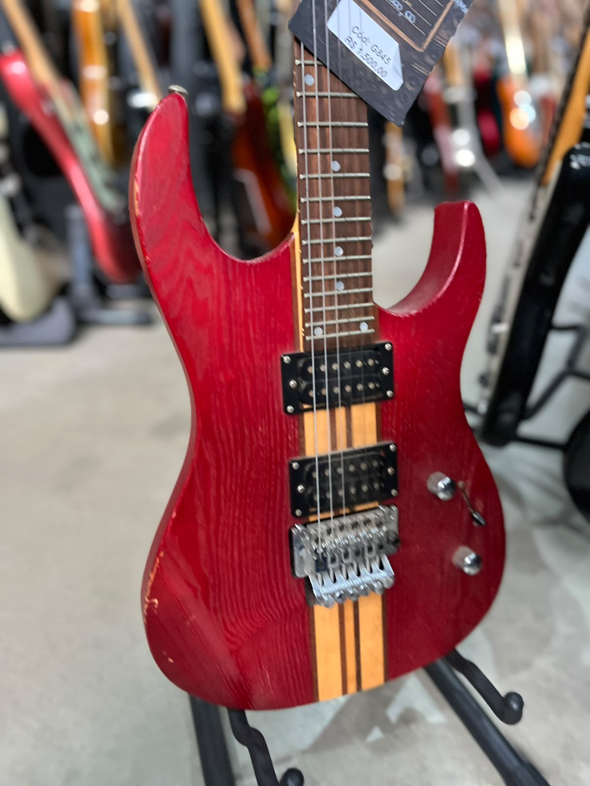 Guitarra Eagle Madeira vermelha com floyd e listra amarela miniatura 3