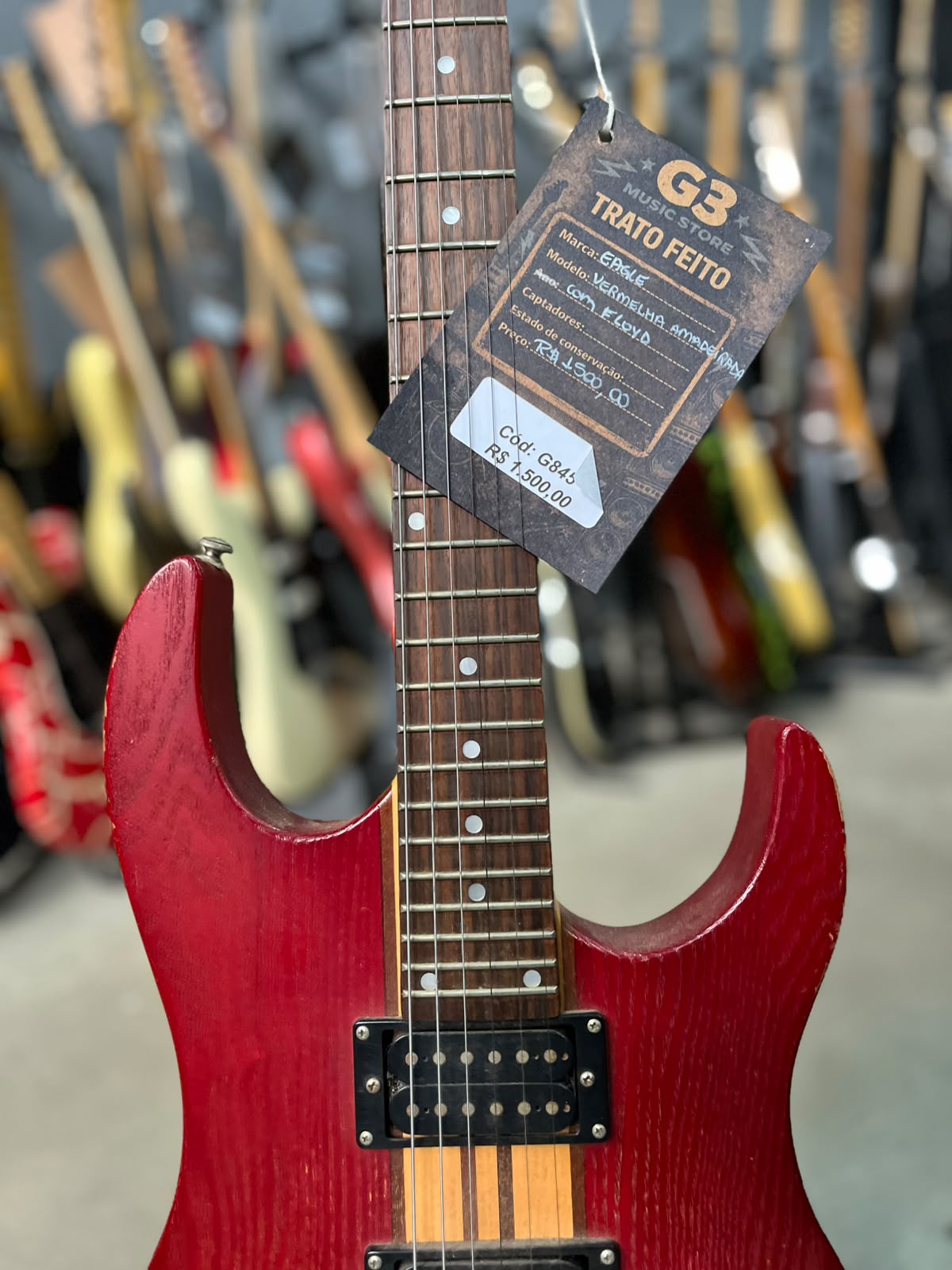 Guitarra Eagle Madeira vermelha com floyd e listra amarela miniatura 4