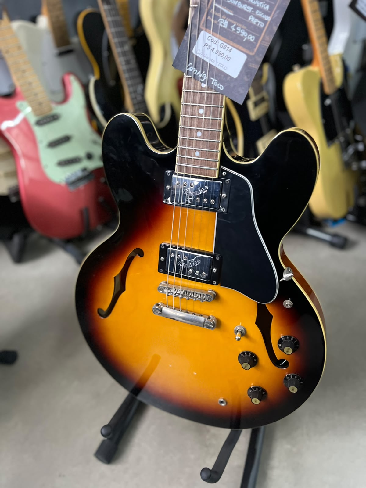 Guitarra Epiphone Semi acústica ES335 Sunburst escudo preto miniatura 2