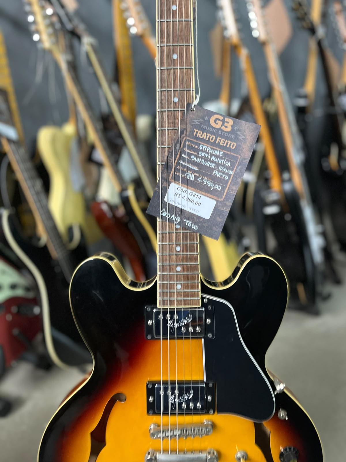 Guitarra Epiphone Semi acústica ES335 Sunburst escudo preto miniatura 4